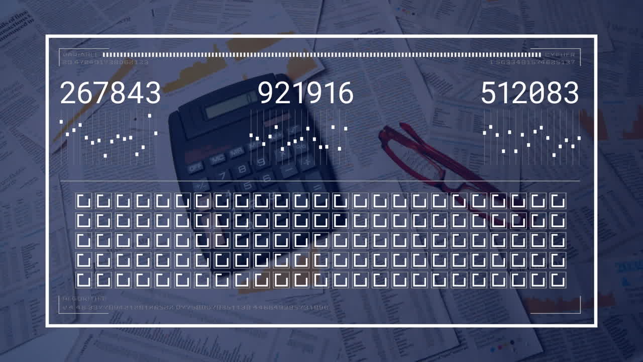 Animation of financial data processing and statistics over calculator