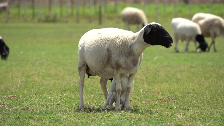 Un tenero agnellino che viene allattato dalla madre in un prato verde