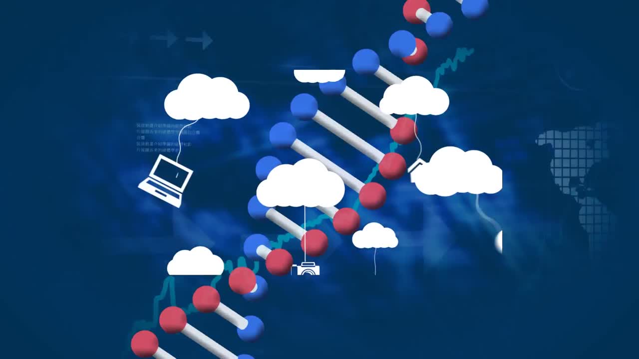 Animation of cloud and dna chain over graph and world map on blue background