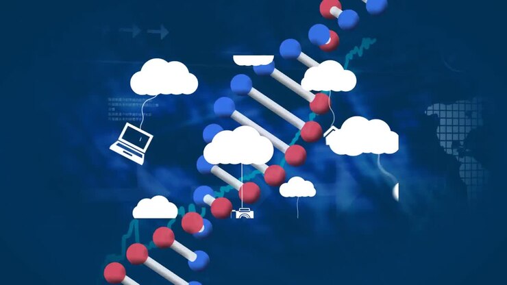 Animation of cloud and dna chain over graph and world map on blue background