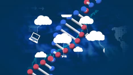 Animation-of-cloud-and-dna-chain-over-graph-and-world-map-on-blue-background