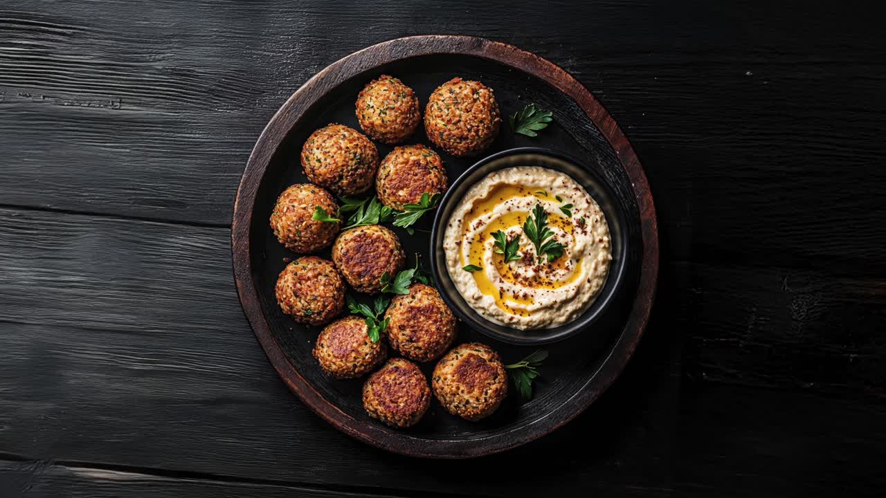 deliciosas bolas de falafel con hummus cremoso en un plato de madera