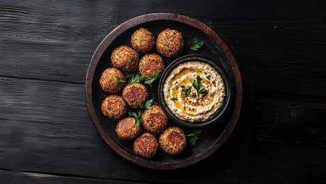 Leckere-Falafelbällchen-Mit-Cremigem-Hummus-Auf-Holzteller