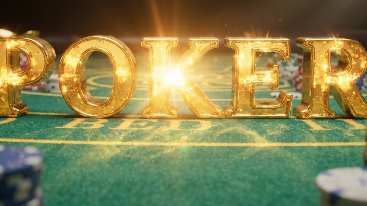 Uno sfavillante display di entusiasmo per il poker: lettere dorate brillano intensamente tra fiches colorate sul tavolo di feltro verde.