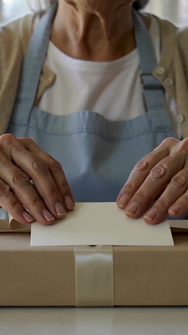 Vertical video: Finishing wrap, senior in blue apron placing card on gift box at kitchen table