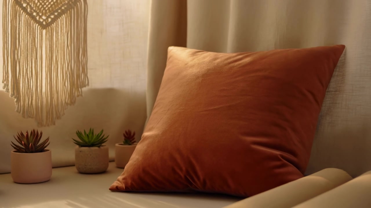 Sequenza di interni accoglienti incentrata su un cuscino color terracotta accanto a una finestra con piante grasse, in una luce calda e soffusa.