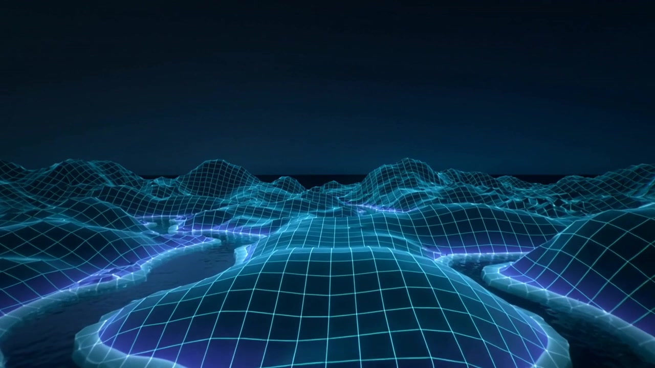 Gliding neon grid moving forward on playback in virtual space, revealing center mound and rivers