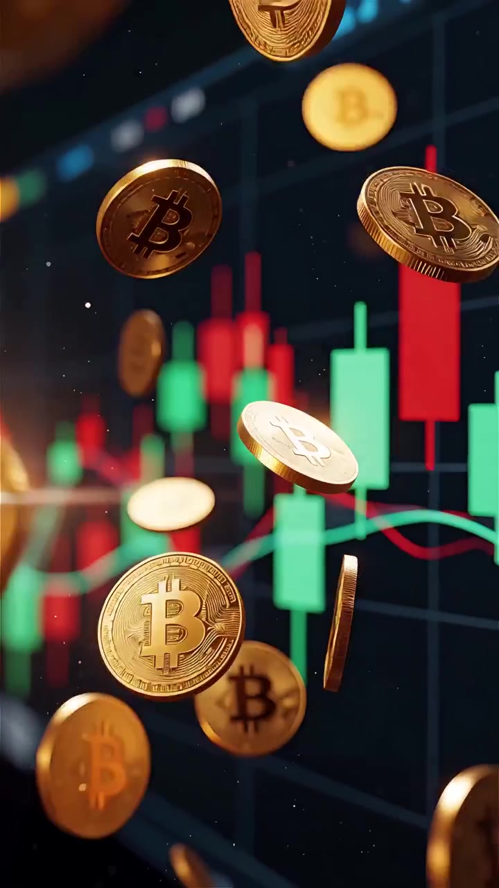 Monete Bitcoin dorate con sfondo sfocato di grafico a candele 4K.