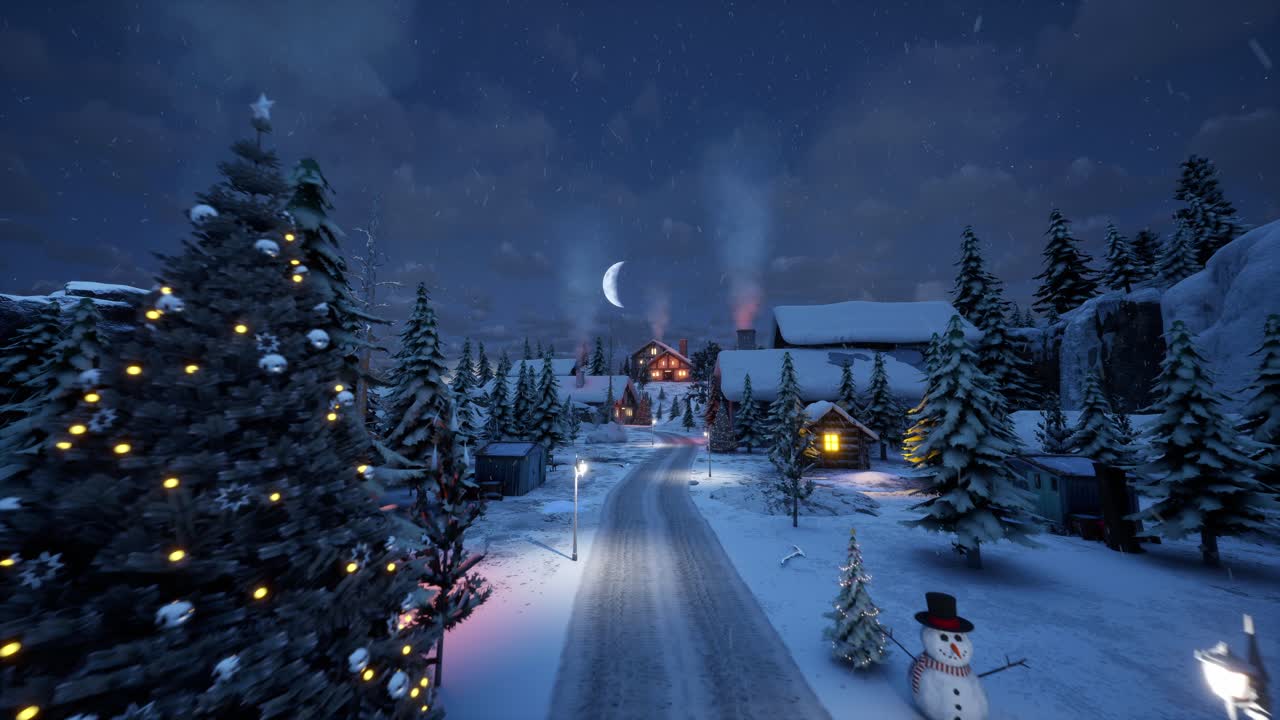 House In Middle Of Snowy Trees, Winter Blue Hour, Snow Falling