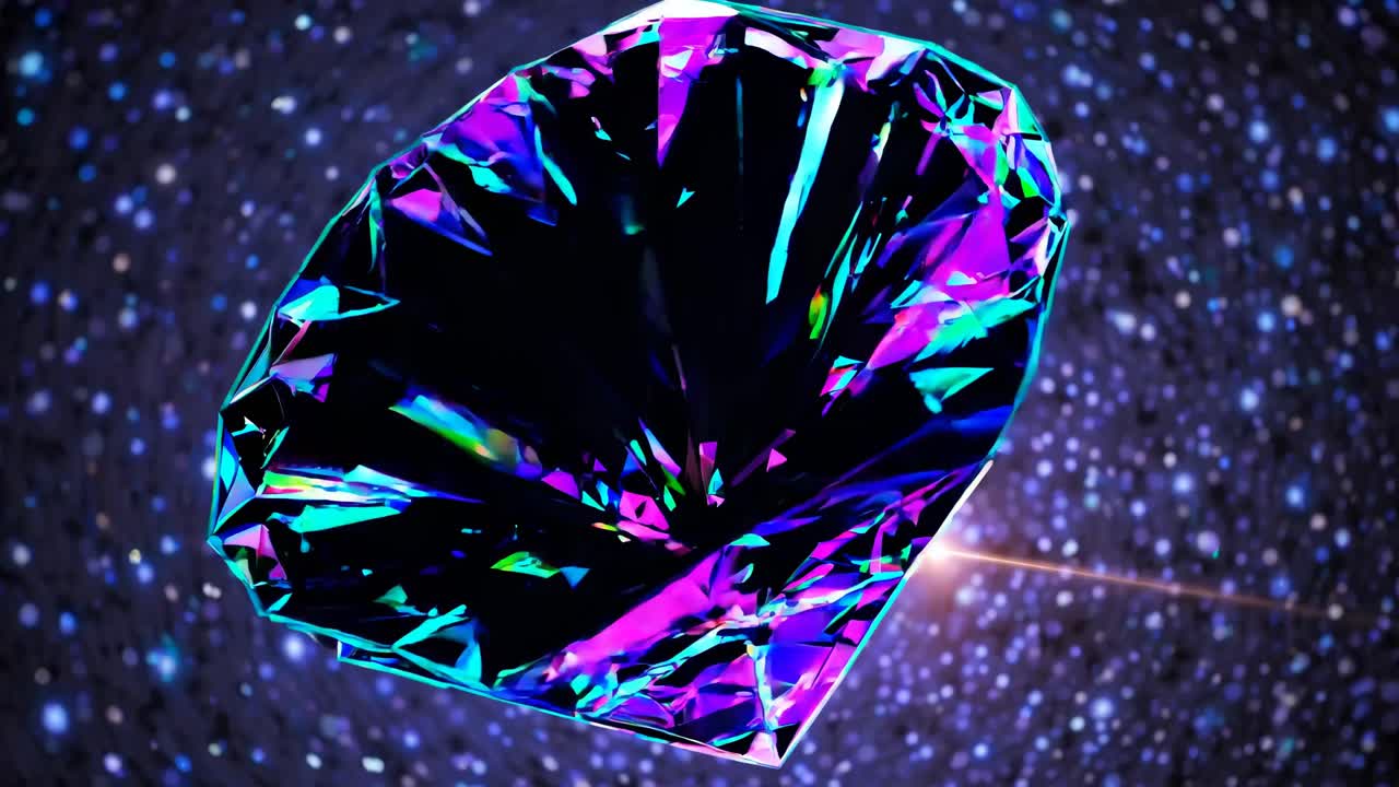 Un video vibrante e ravvicinato di una gemma sfaccettata con uno sfondo cosmico, visto da un'angolazione bassa