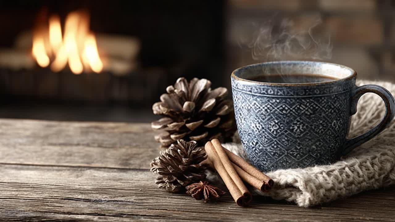 A Warm Cup of Coffee by the Fireplace: Embrace the Cozy Ambiance with Pinecones and Cinnamon for a Perfect Winter Retreat