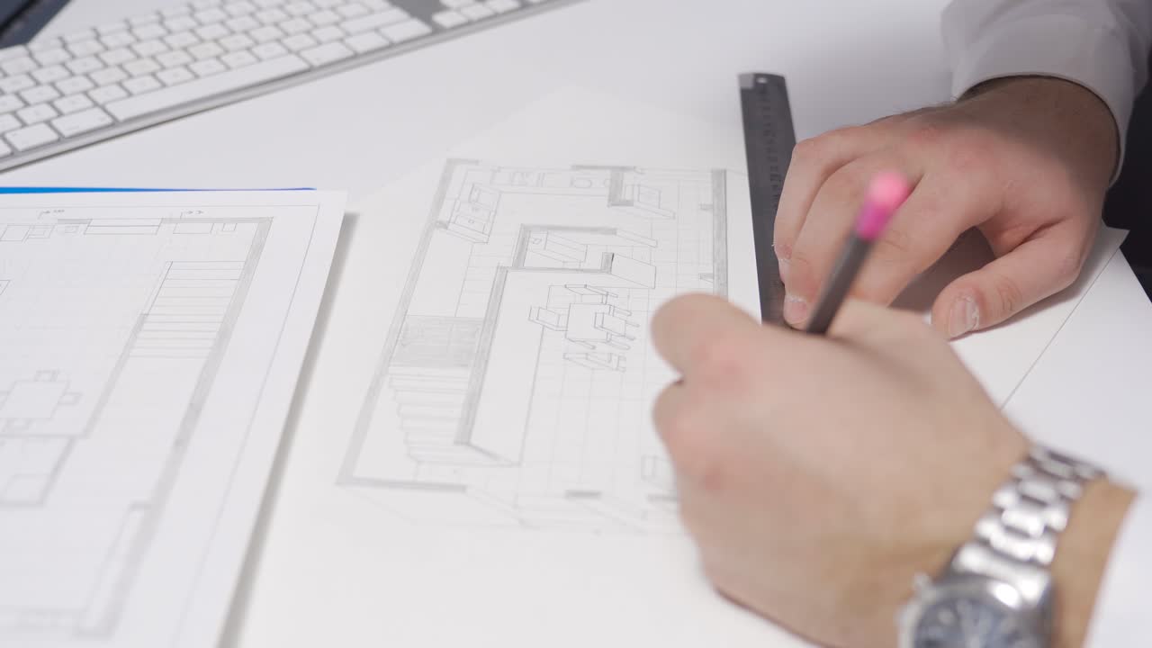 Interior designer is designing and drawing the kitchen of a house at his desk. Perspective drawing.