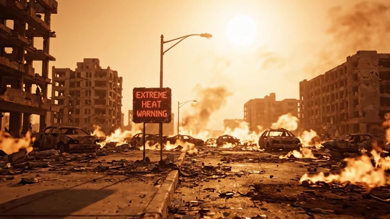 A Desolate Cityscape Under Extreme Heat Warning: Examining the Ruins of a Devastated Urban Environment Engulfed in Flames and Smoke Amidst a Scorching Sun