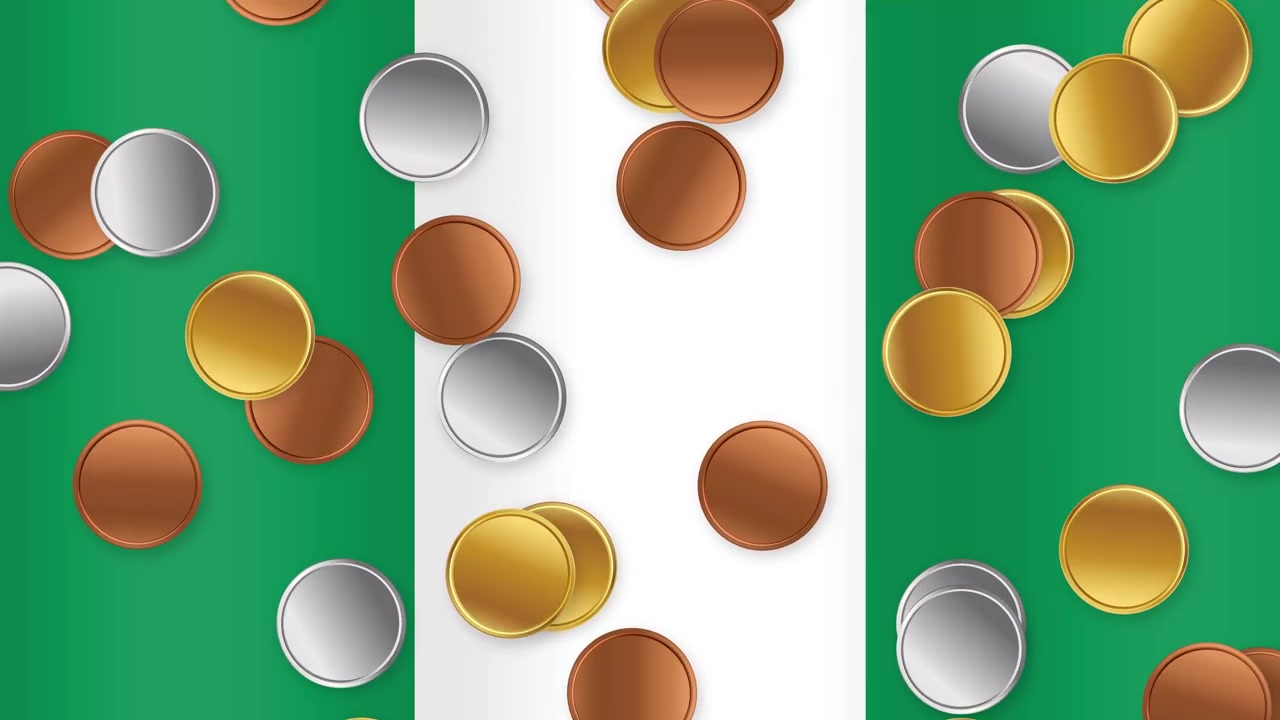 Mixed metallic coins fall continuously against a waving green and white Nigerian national flag background.