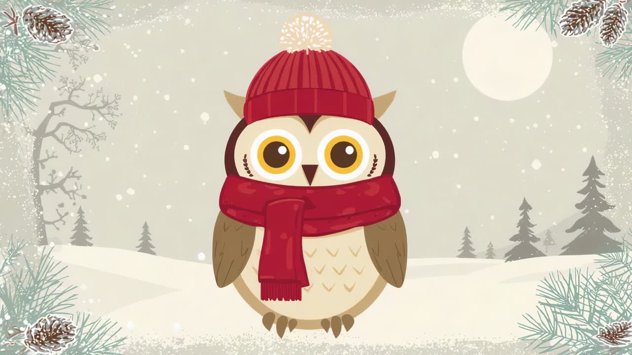 Opening eyes, owl shifting wings on hillside, wearing red beanie and scarf, prompted by snow