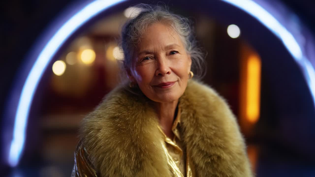A captivating portrait of an elegant older woman wearing a luxurious fur coat and shimmering gold attire, framed by a beautifully lit background that adds a soft, inviting glow to the scene