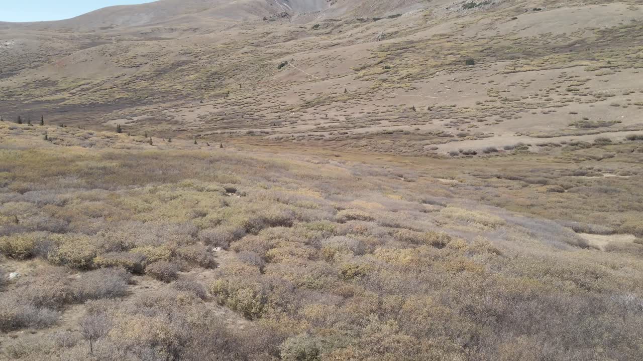 Aerial view of a high mountain valley with distant mountain peaks near Guanella Pass, Colorado. Aerial dolly and tilt up to reveal blue sky and mountain in the fall.
