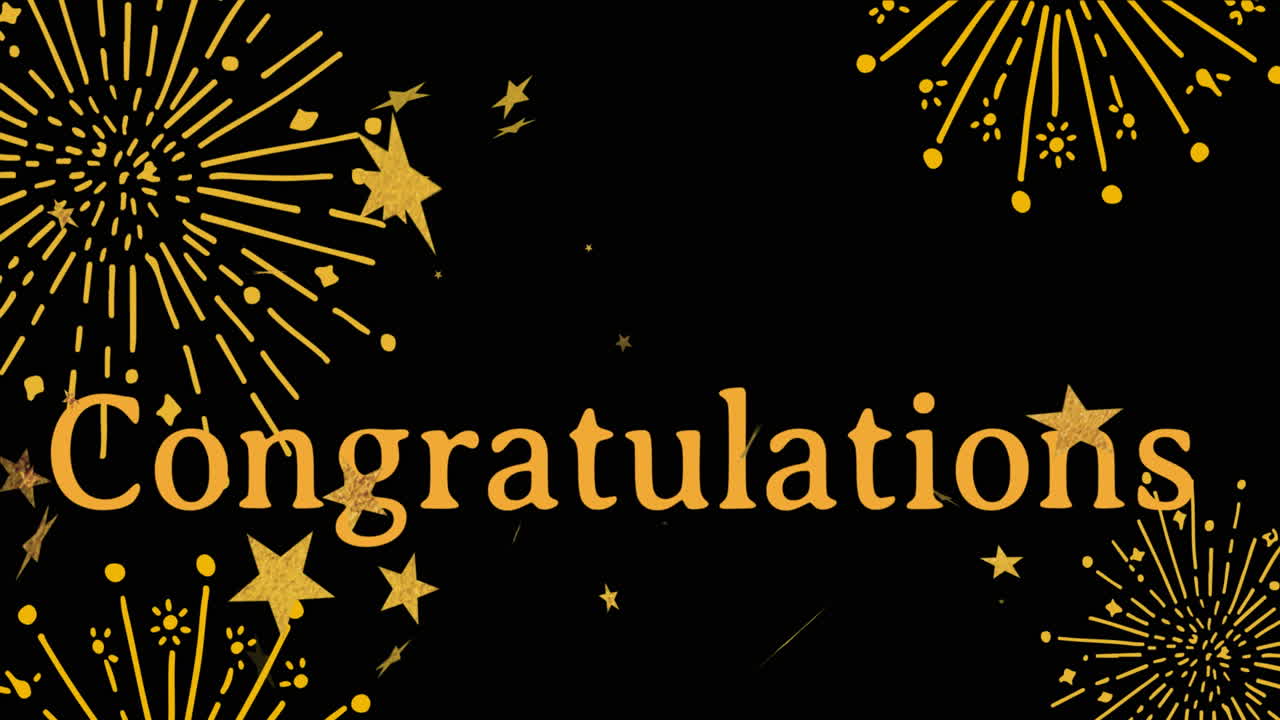 검은 바탕에 불꽃과 별을 가진 축하 텍스트의 애니메이션