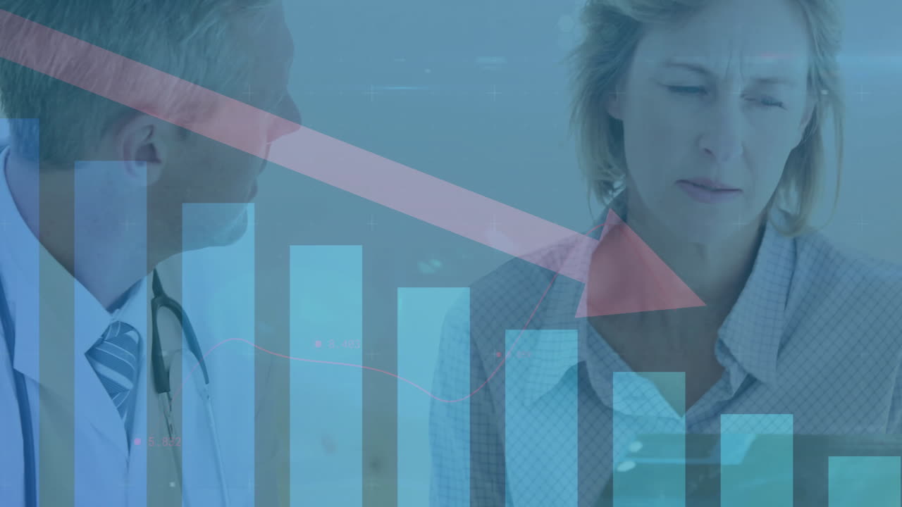 Declining bar graph and arrow animation over two people discussing in office