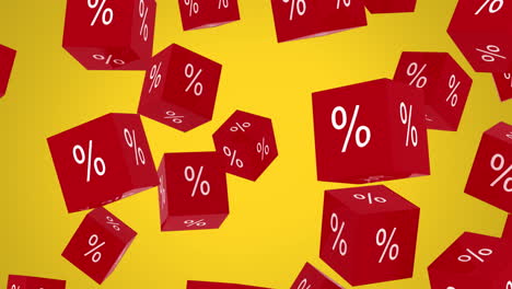 animación de cubos rojos con signo de porcentaje sobre fondo amarillo