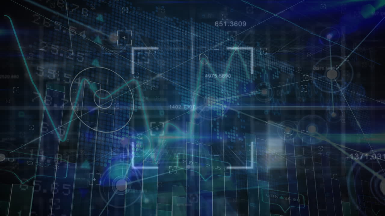 Animation of network of connections and data processing over dark background