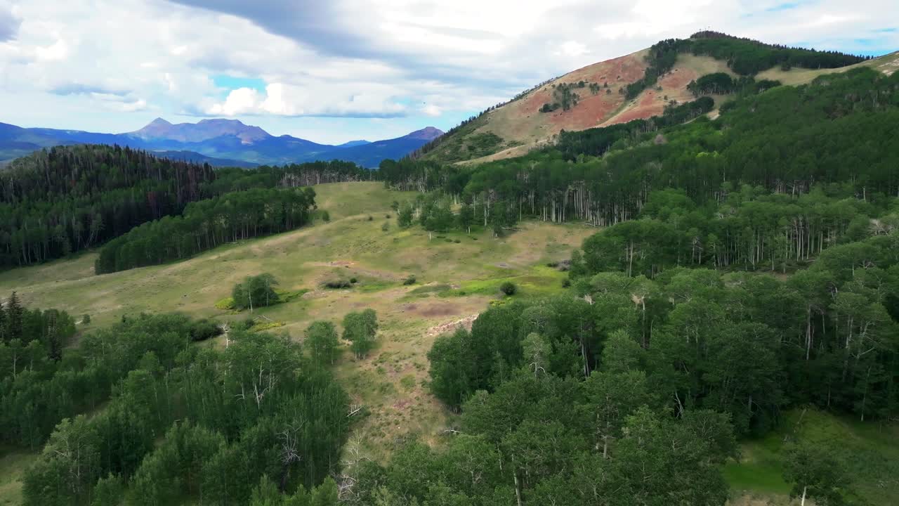 Summer Rocky Mountains Telluride airport Colorado aerial drone vista Ridgway Last Dollar Road Aspen Trees Groove Forest green Ouray Silverton San Juan Mount Sneffels blue sky clouds upward motion