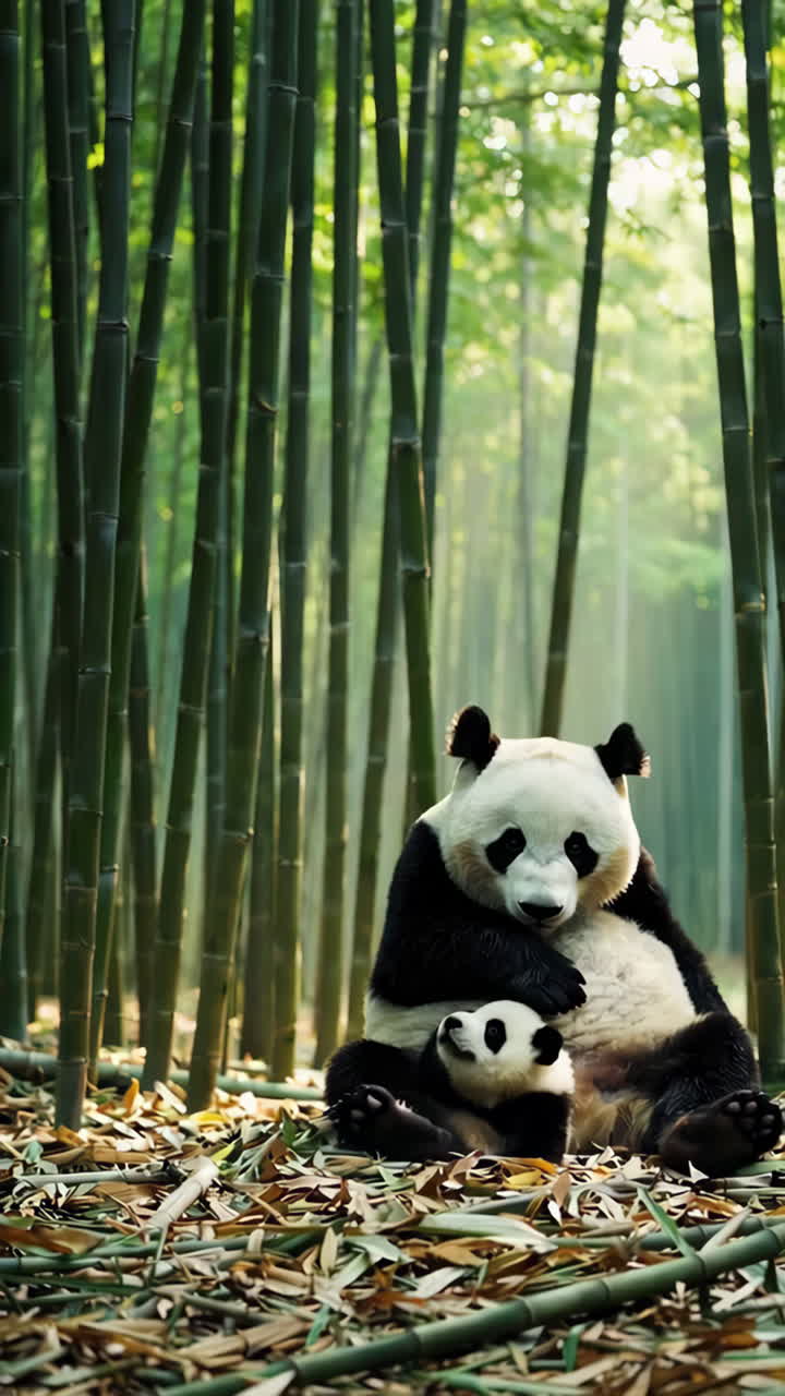 Giant Panda Mother and Cub in Bamboo Forest