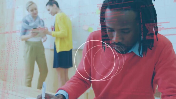 Animation of rotating rings and data processing over smiling african american man in workplace