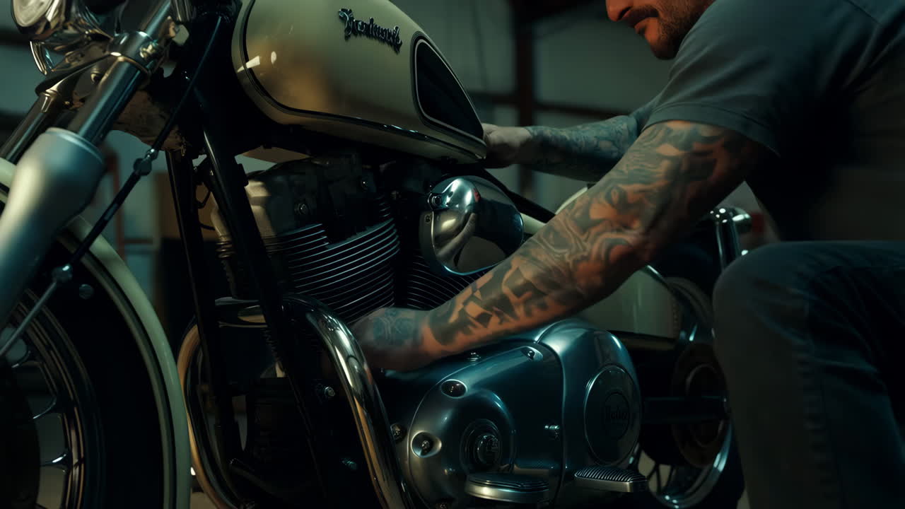 Tattooed mechanic working on a classic motorcycle engine