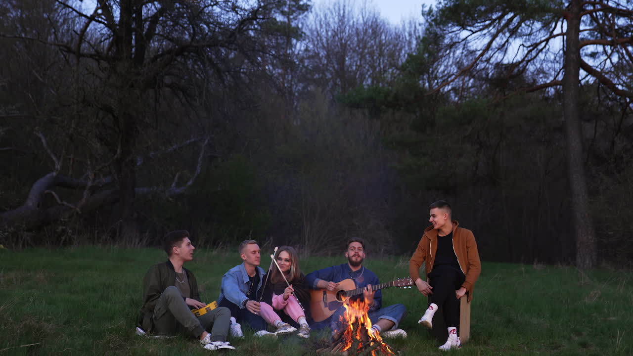 Few friends having fun in the nature, playing guitar, singing, frying marshmallows, laughing. Cozy summer evening picnic by the fire.