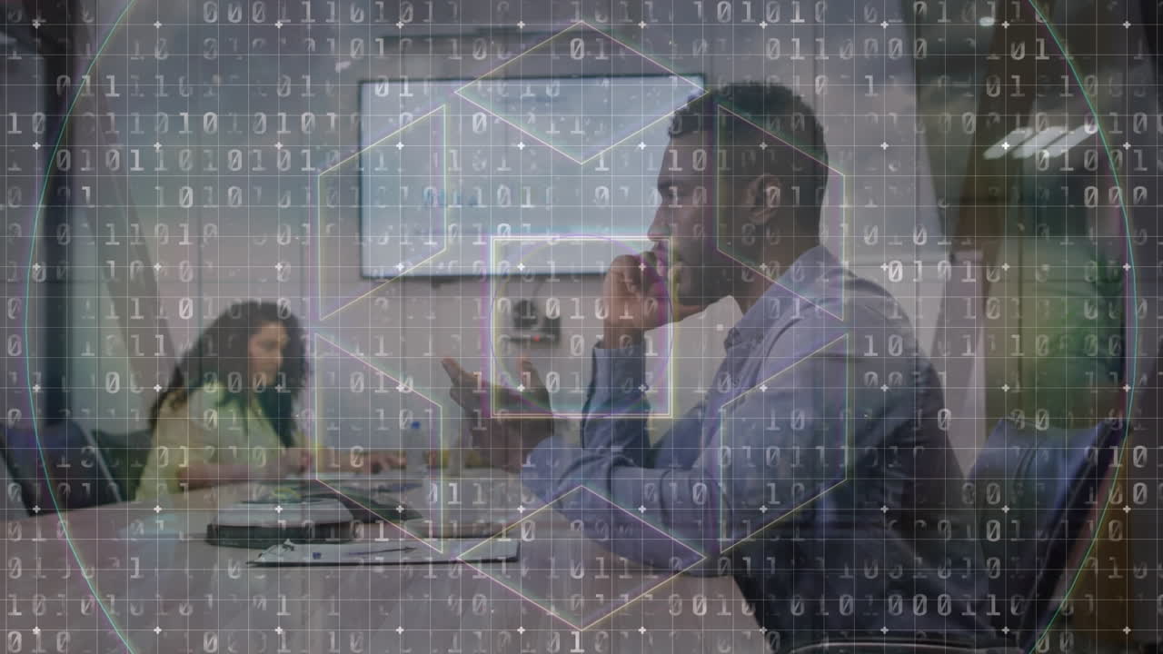 Animation of binary coding and data processing over diverse business people working in office