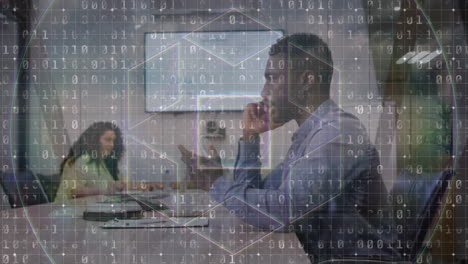 animación de codificación binaria y procesamiento de datos sobre diversas personas de negocios que trabajan en la oficina.