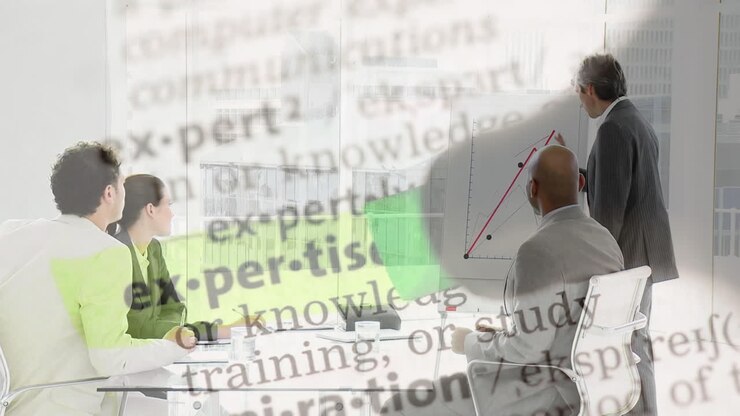 Animation of texts over diverse business people having meeting at office