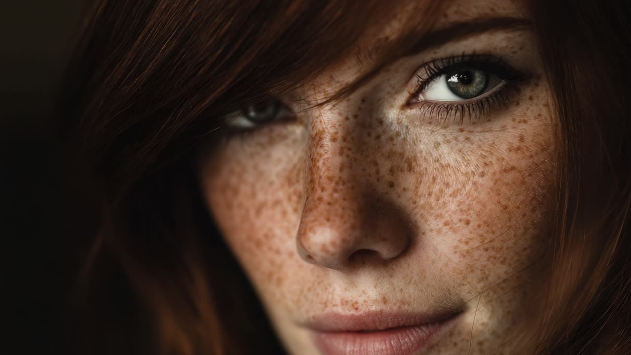 Ritratto intimo di una giovane donna lentigginosa con occhi penetranti che cattura un momento di bellezza naturale ed emozione autentica.