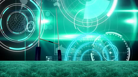 animation of scopes scanning and data processing over sports stadium