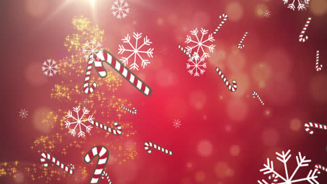 animation of candy cane and snow falling over red background