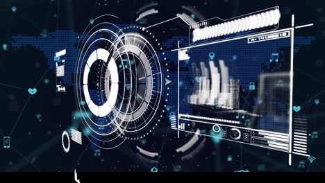 Animation-Der-Digitalen-Infografik-Schnittstelle-Mit-Beweglichem-Kreis,-Diagrammen-über-Digitaler-Karte