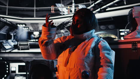astronaut blinded by red light from alien vessel while mapping unknown worlds