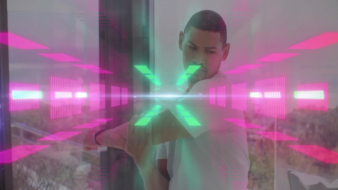 Man beside glass door starting with hands-on-frame, pulling arm across chest, neon X pulsing health