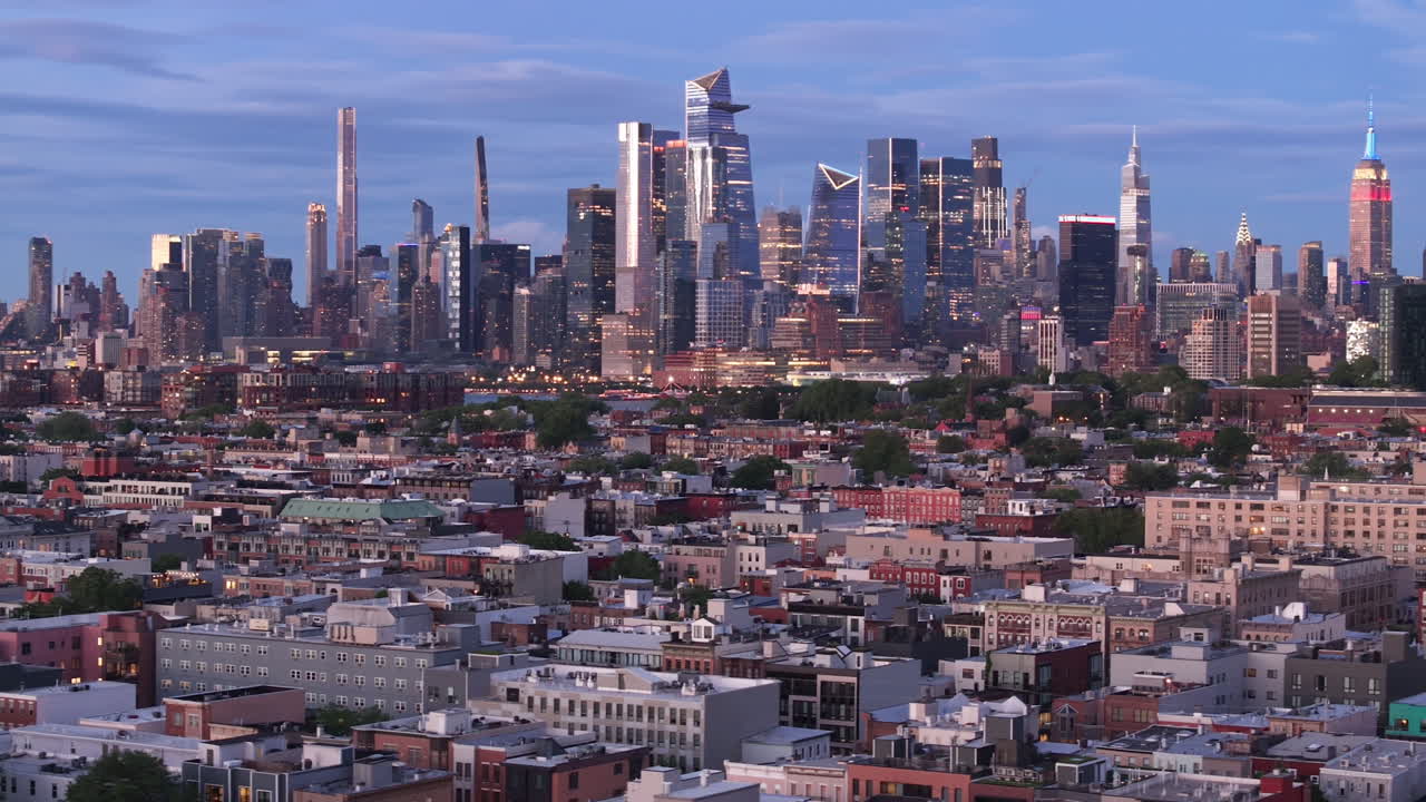 Aerial view of Hoboken, New Jersey at night. Shot with Midtown Manhattan in the background.