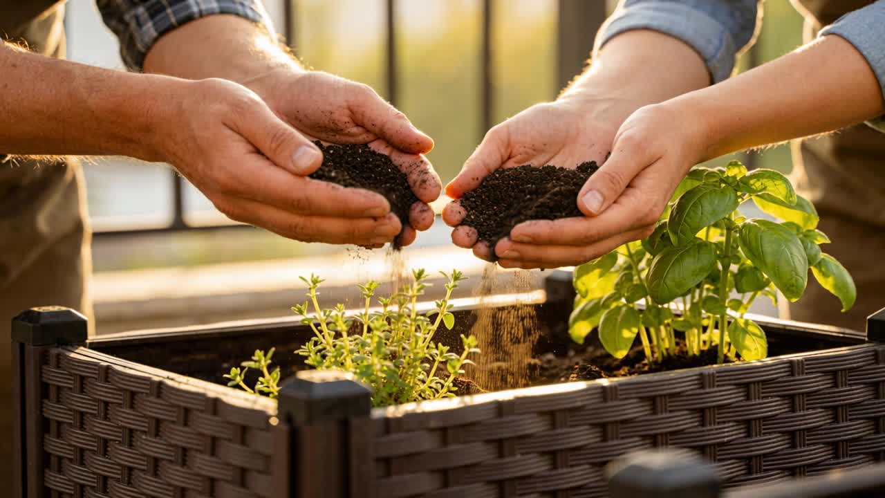 Pouring couple's hands cupping soil, releasing into balcony planter to add soil around herbs, apron