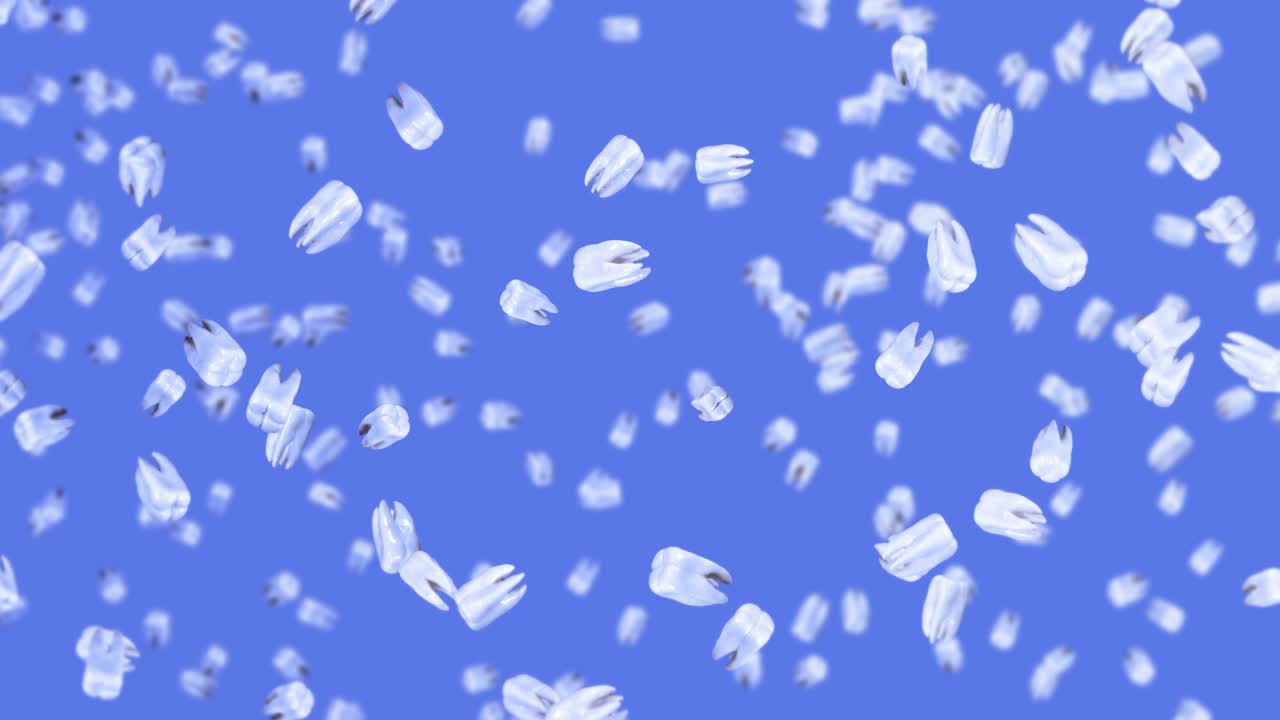 파란색 바탕에 많은  이빨을 날아. 치과 관리 개념. 치아 회전의 3d 애니메이션. 루프 애니메이션.