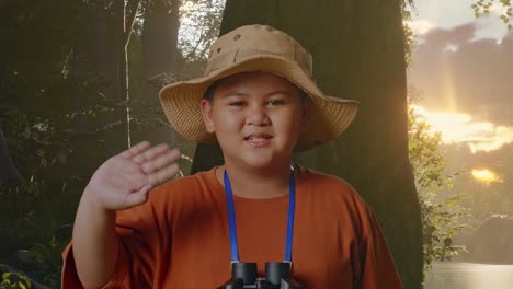 niño asiático con sombrero y binoculares usando lupa, sonriendo y agitando la mano mientras explora la naturaleza del bosque. niño investigador examina algo, aventura de viaje, primer plano