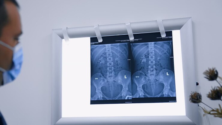 Two x-ray scan of inner organs on the light screen. Doctor's hand pointing at shots with a pen explaining the problem.