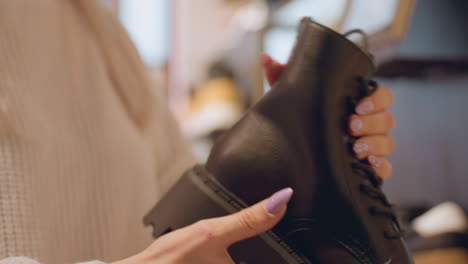closeup view shows manicured female hands pressing chunky boot sole, feeling leather thickness and tread depth under warm boutique lighting while deciding quality before winter fashion purchase