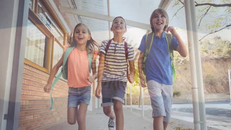 Animation-of-flag-of-argentina-over-smiling-schoolchildren-in-school-corridor