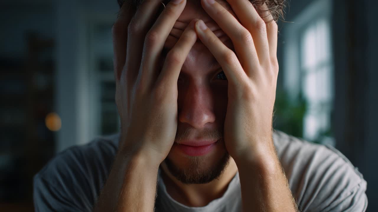 A young man expressing intense emotions while covering his face with his hands, reflecting feelings of anxiety and contemplation in a dimly lit room