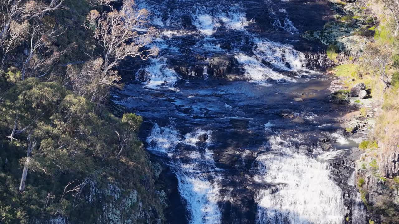 Drone camera smoothly descends from Ebor Waterfall, following the flowing river through a lush, sunlit forested gorge in New South Wales, Australia