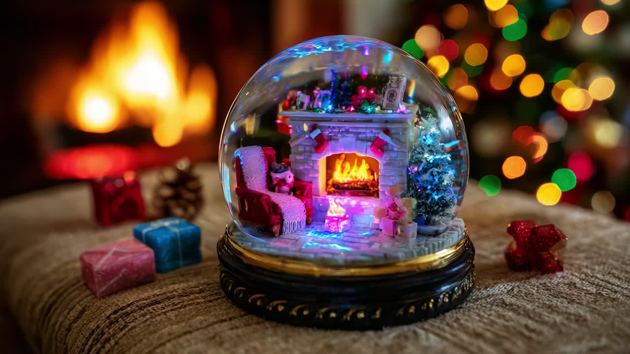 A Cozy Christmas Scene in a Snow Globe Featuring a Miniature Fireplace with Warm Flames, Decorated Christmas Tree, and Colorful Presents Surrounded by Holiday Cheer and Twinkling Lights