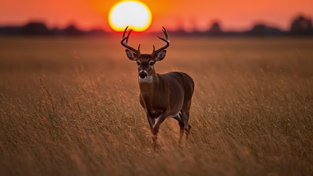 A majestic deer stands in a field during sunset